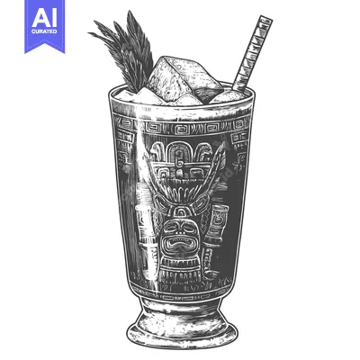 Aset desain premium: Hand-drawn Illustration of a Tiki Cocktail with a Straw and Garnish