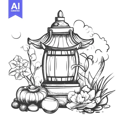Popular premium asset: Hand-drawn illustration of a traditional Japanese lantern with surroun