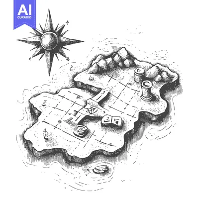 Premium design asset: Hand-Drawn Illustration of a Treasure Island with a Compass and a Grid