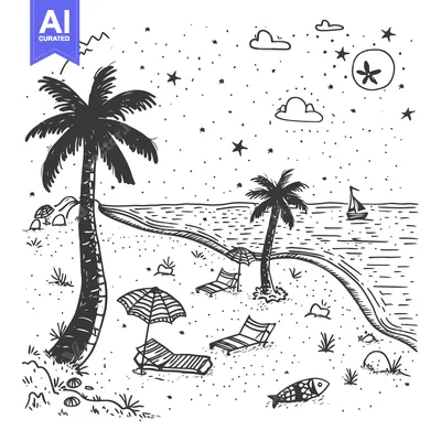 Aset desain premium: Hand-Drawn Illustration of a Tropical Beach at Night with Palm Trees,