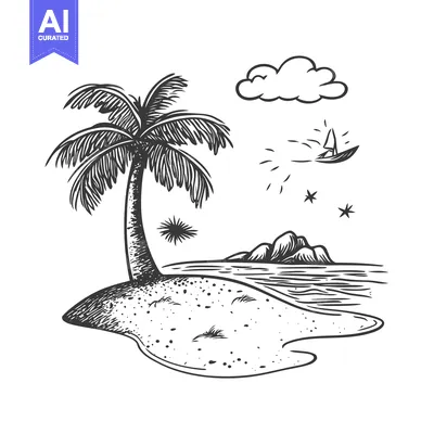 Aset premium populer: Hand-Drawn Illustration of a Tropical Island with a Palm Tree, Boat, a