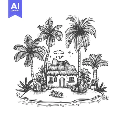 Premium design asset: Hand-drawn illustration of a tropical island with a thatched-roof cott