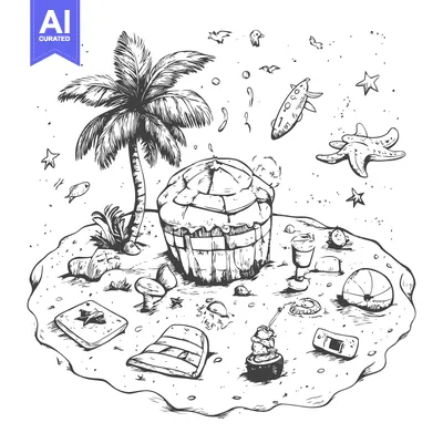 Aset premium populer: Hand-drawn illustration of a tropical island with palm trees, a hut, a
