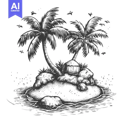 Popular premium asset: Hand-drawn illustration of a tropical island with palm trees, a hut, r