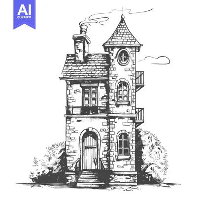 Popular premium asset: Hand-drawn illustration of a two-story brick house with a tower, a chi