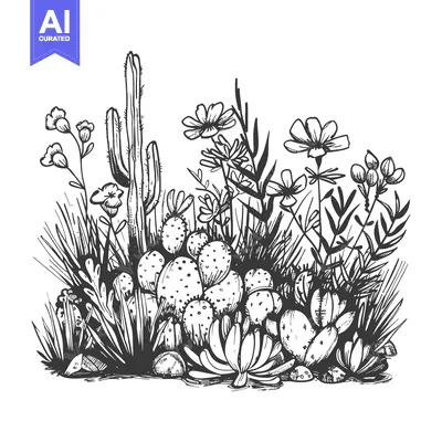 Aset premium populer: Hand-Drawn Illustration of a Variety of Desert Plants and Flowers