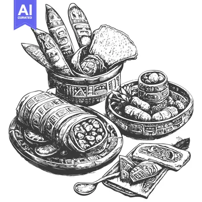 Hand-drawn Illustration of a Variety of Dishes Served in Ornate Bowls