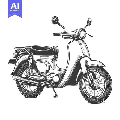 Hand-drawn illustration of a vintage black and white scooter