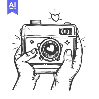 Popular premium asset: Hand-drawn illustration of a vintage camera with a heart in the lens,