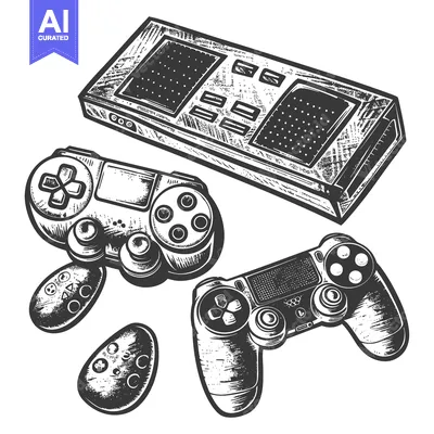 Aset premium populer: Hand-Drawn Illustration of a Vintage Console and Three Game Controller