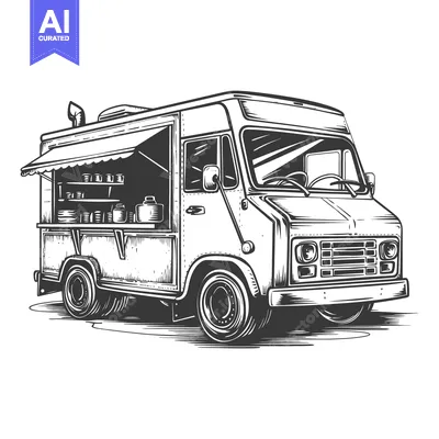 Aset desain premium: Hand-drawn illustration of a vintage food truck with an awning