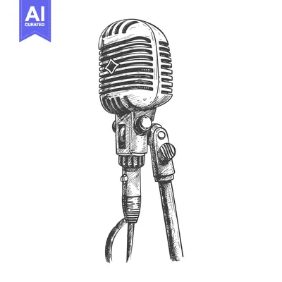Aset desain premium: Hand-drawn illustration of a vintage microphone on a stand