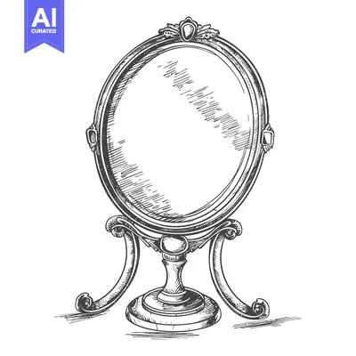 Premium design asset: Hand-drawn illustration of a vintage ornate mirror with a stand