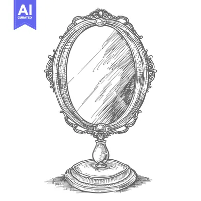Aset desain premium: Hand-drawn illustration of a vintage oval mirror with an ornate frame