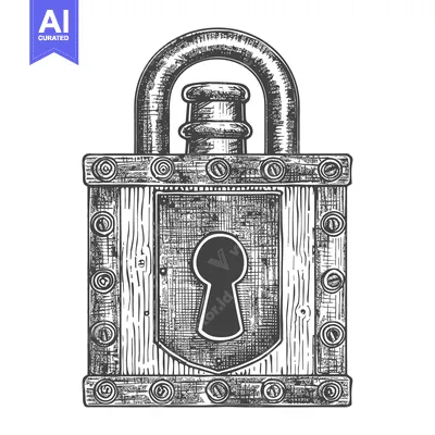 Aset premium populer: Hand-drawn illustration of a vintage padlock with a keyhole and rivets