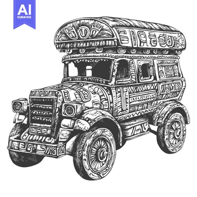 Aset desain premium: Hand-Drawn Illustration of a Vintage Pakistani Truck