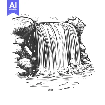 Aset premium populer: Hand-drawn Illustration of a Waterfall Cascading Over Rocks