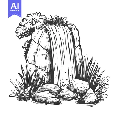 Aset premium populer: Hand-drawn illustration of a waterfall flowing over rocks with surroun
