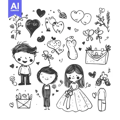 Popular premium asset: Hand-Drawn Illustration of a Wedding Couple with Hearts and Flowers