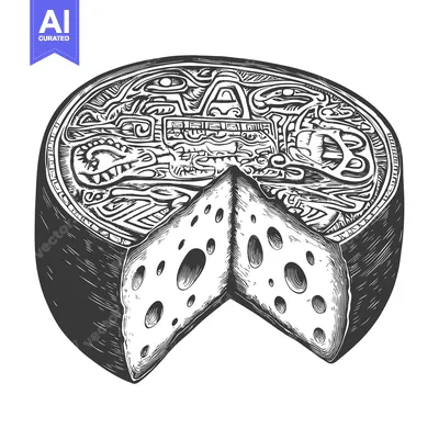 Aset desain premium: Hand-Drawn Illustration of a Wheel of Swiss Cheese with Intricate Desi
