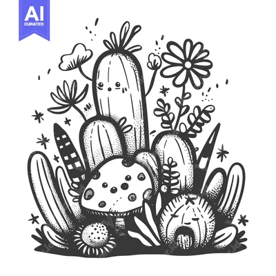 Aset premium populer: Hand-drawn illustration of a whimsical cactus garden with a mushroom a