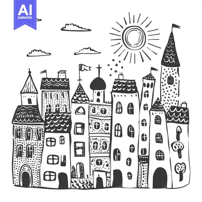 Aset premium populer: Hand-drawn illustration of a whimsical cityscape with buildings, a sun
