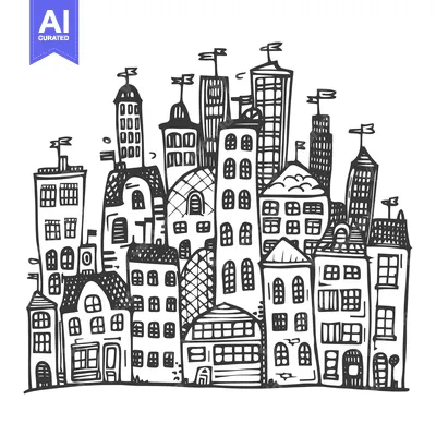 Aset desain premium: Hand-drawn illustration of a whimsical cityscape with various building