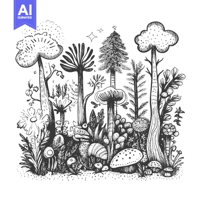 Aset premium populer: Hand-Drawn Illustration of a Whimsical Forest with Mushrooms and Trees