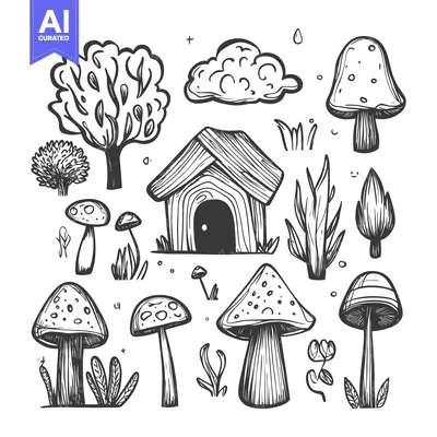 Aset desain premium: Hand-drawn illustration of a whimsical forest with mushrooms, trees, a