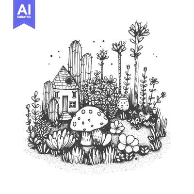 Hand-Drawn Illustration of a Whimsical Garden with a Tiny House, Cactu