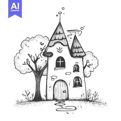 Premium design asset: Hand-drawn illustration of a whimsical house with a tree and a path in
