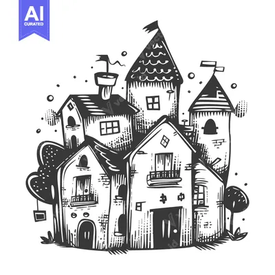 Aset desain premium: Hand-Drawn Illustration of a Whimsical, Multi-Story Building with Towe