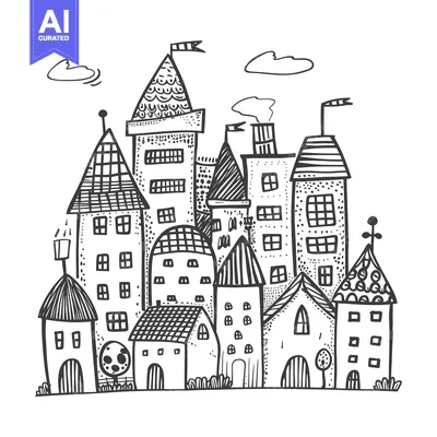 Popular premium asset: Hand-Drawn Illustration of a Whimsical Town with Multiple Buildings
