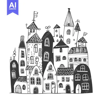 Aset desain premium: Hand-Drawn Illustration of a Whimsical Town with Unique Buildings