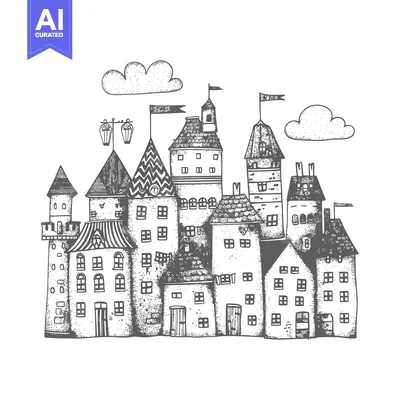 Aset desain premium: Hand-drawn illustration of a whimsical village with houses, towers, an