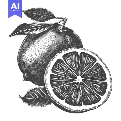 Hand-Drawn Illustration of a Whole and Sliced Lemon with Leaves