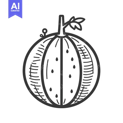 Aset desain premium: Hand-Drawn Illustration of a Whole Watermelon with Seeds and a Leaf
