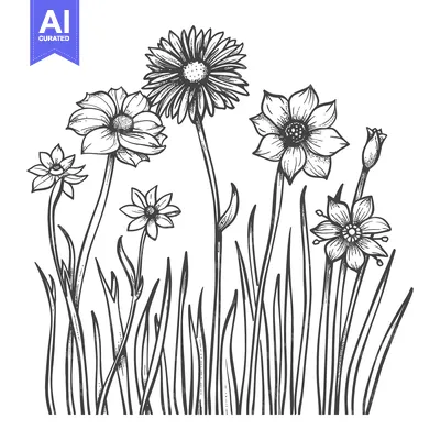 Aset premium populer: Hand-Drawn Illustration of a Wildflower Patch with Five Flowers and Ta