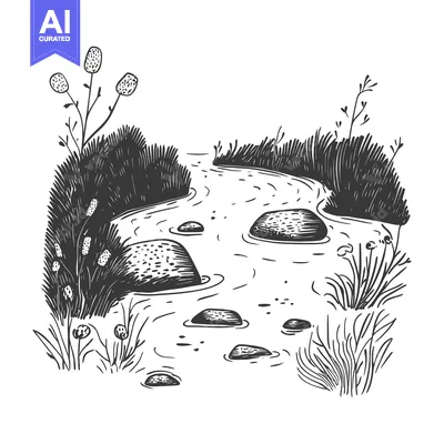 Aset desain premium: Hand-drawn illustration of a winding creek with rocks and grass