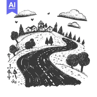 Hand-drawn illustration of a winding road leading to a small village o