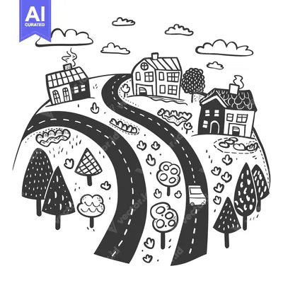 Aset desain premium: Hand-drawn illustration of a winding road through a small village with