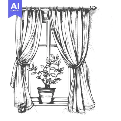 Aset desain premium: Hand-Drawn Illustration of a Window with Curtains and a Plant in a Pot