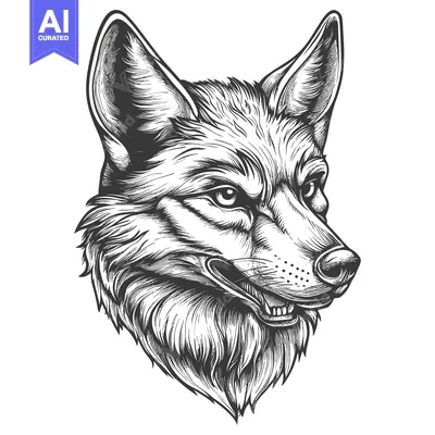 Aset premium populer: Hand-drawn Illustration of a Wolf's Head in Black and White