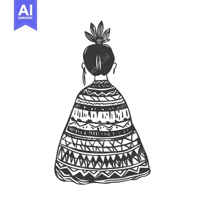 Aset premium populer: Hand-drawn illustration of a woman in a patterned dress with a feather