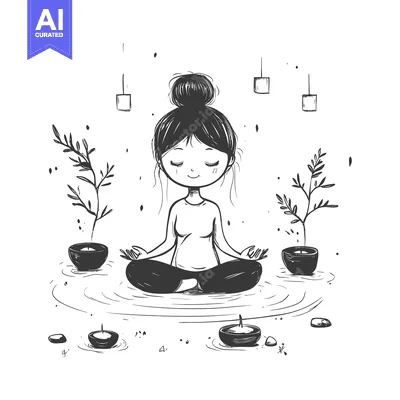 Hand-drawn illustration of a woman meditating in a peaceful setting wi