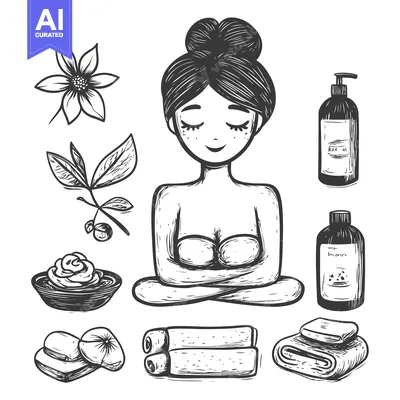 Premium design asset: Hand-Drawn Illustration of a Woman Relaxing in a Spa Setting with Vari
