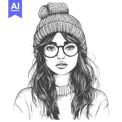 Premium design asset: Hand-Drawn Illustration of a Woman Wearing a Knitted Hat and Glasses