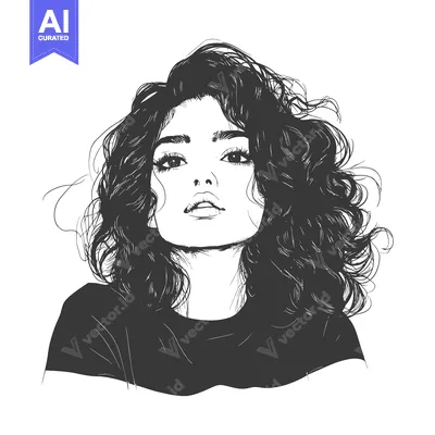 Aset desain premium: Hand-drawn illustration of a woman with curly hair looking upwards