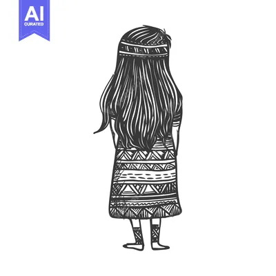 Aset premium populer: Hand-drawn illustration of a woman with long hair and a patterned skir