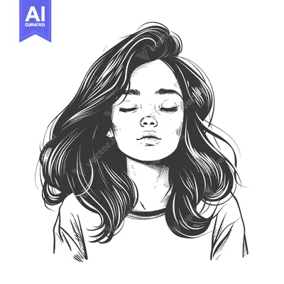 Aset desain premium: Hand-drawn illustration of a woman with long hair and closed eyes